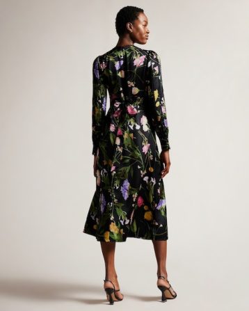 Ted Baker Arianya Blouson Sleeve Floral Midi Dress Black Multi