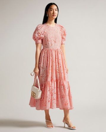 Ted Baker Esthher Puff Sleeve Tiered Midi Dress Coral