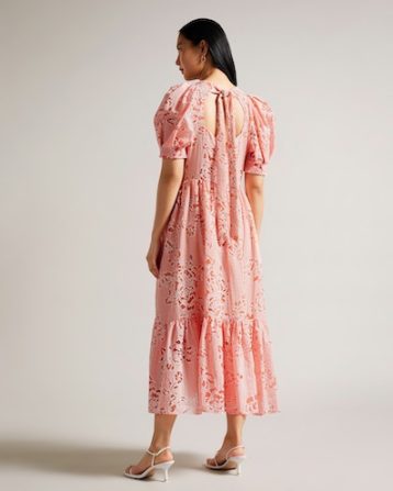 Ted Baker Esthher Puff Sleeve Tiered Midi Dress Coral