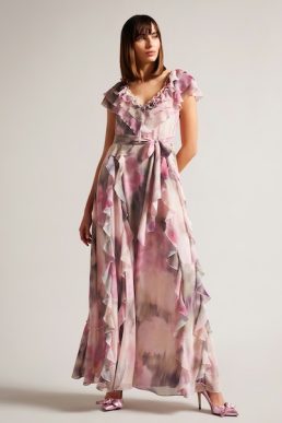 Ted Baker Karenie Frilled Floral Maxi Dress Pink Blush Multi