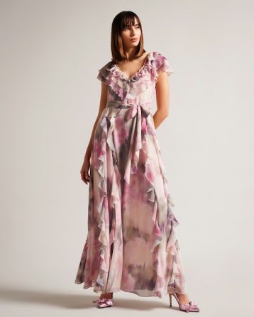 Ted Baker Karenie Frilled Floral Maxi Dress Pink Blush Multi