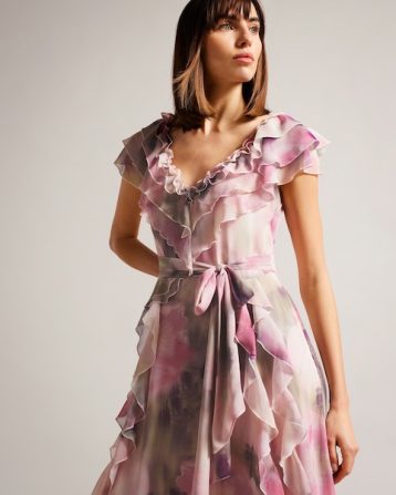 Ted Baker Karenie Frilled Floral Maxi Dress Pink Blush Multi