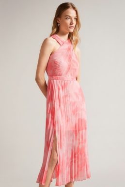 Ted Baker Mirelia Cross Front Pleated Midi Dress Coral