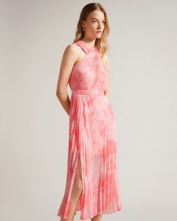 Ted Baker Mirelia Cross Front Pleated Midi Dress Coral