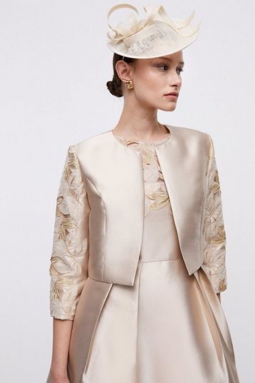 Coast Cropped Twill Jacket With Cutwork Lace Trim Champagne