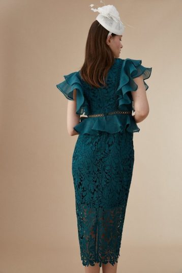 Coast Lisa Tan Organza Lace Mix Frill Sleeve Pencil Dress Green