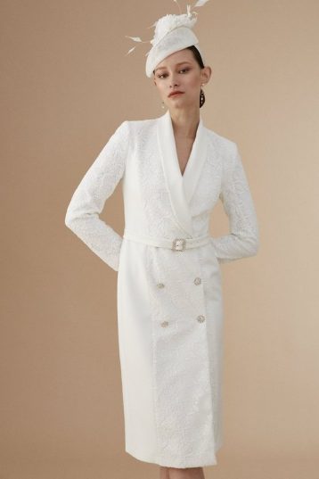 Coast Lisa Tan Premium Lace Tuxedo Dress With Gem Buttons