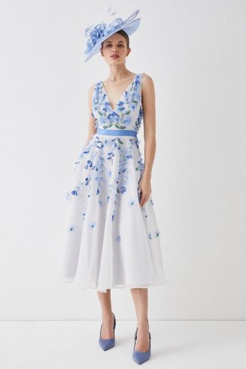 Coast Plunge Organza 3d Floral Full Skirt Midi Dress White Pale Blue