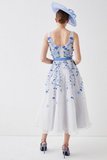 Coast Plunge Organza 3d Floral Full Skirt Midi Dress White Pale Blue