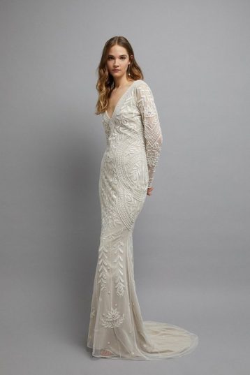 Coast Premium Embellished V Neck Long Sleeve Maxi Dress Ivory