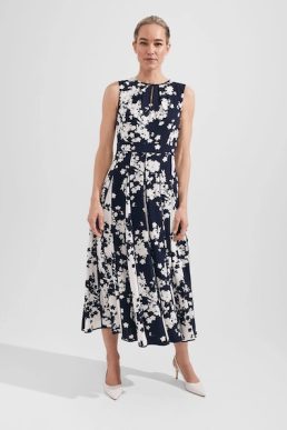 Hobbs Angelica Floral Pleated Dress, Midnight Navy Ivory