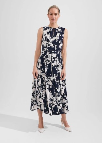 Hobbs Angelica Floral Pleated Dress, Midnight Navy Ivory