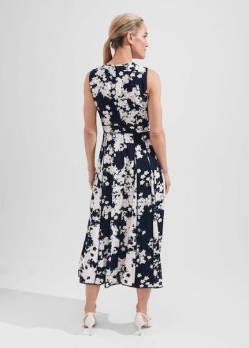 Hobbs Angelica Floral Pleated Dress, Midnight Navy Ivory