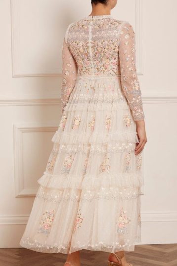 Needle & Thread Primrose Bouquet Long Sleeve Ankle Gown Champagne