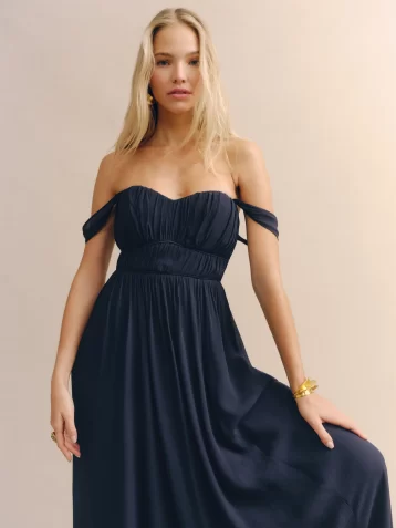 Reformation Jayde Off The Shoulder Dress Navy Blue