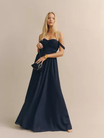 Reformation Jayde Off The Shoulder Dress Navy Blue