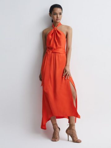 Reiss Adeline Fitted Halter Neck Midi Dress Orange