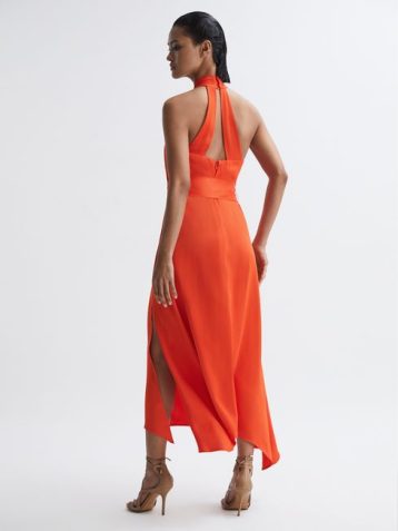 Reiss Adeline Fitted Halter Neck Midi Dress Orange