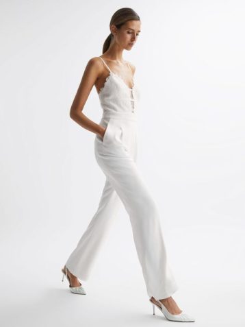 Reiss Cora Lace Plunge Neck Jumpsuit Ivory