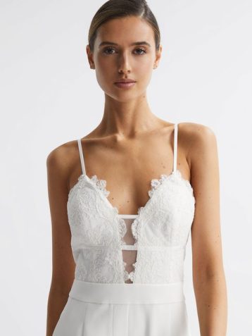 Reiss Cora Lace Plunge Neck Jumpsuit Ivory