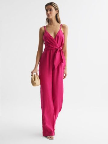 Reiss Emilia V-Neck Linen Jumpsuit Pink