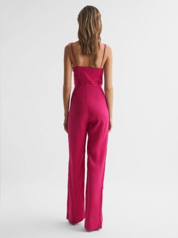 Reiss Emilia V-Neck Linen Jumpsuit Pink