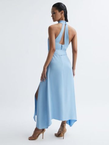 Reiss Evelyn Fitted Halter Neck Midi Dress Blue