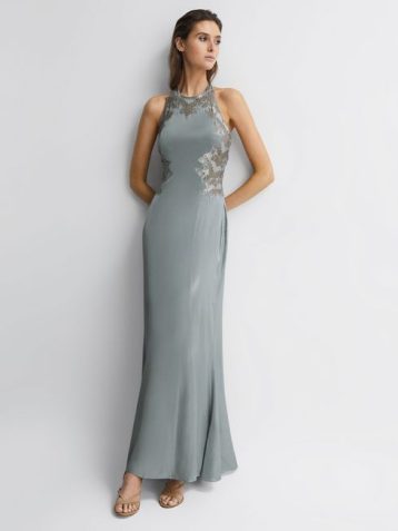 Reiss Fern Fitted Lace Halter Neck Maxi Dress Silver