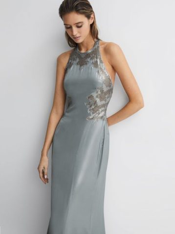 Reiss Fern Fitted Lace Halter Neck Maxi Dress Silver