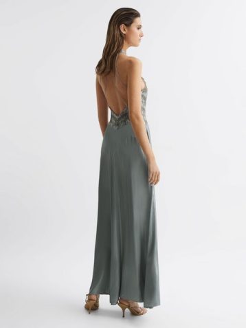 Reiss Fern Fitted Lace Halter Neck Maxi Dress Silver