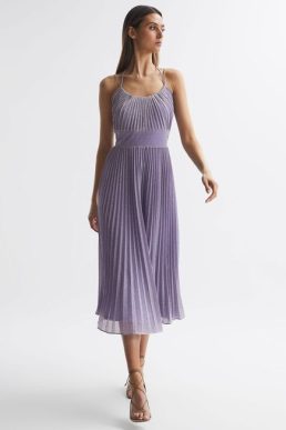 Reiss Halston Shimmer Pleated Midi Dress Lilac