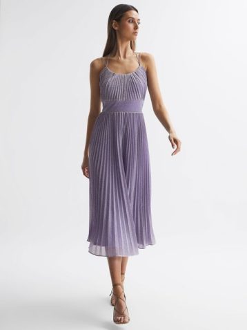 Reiss Halston Shimmer Pleated Midi Dress Lilac