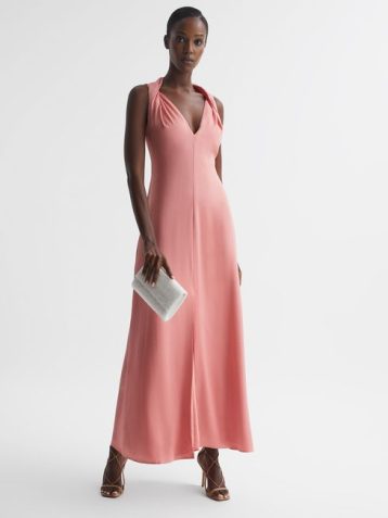 Reiss Lila Bridesmaid Twist Detail Midi Dress Coral