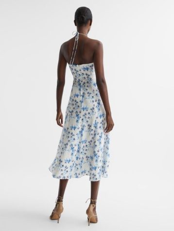 Reiss Sophia Floral Print Halter Neck Midi Dress Blue White