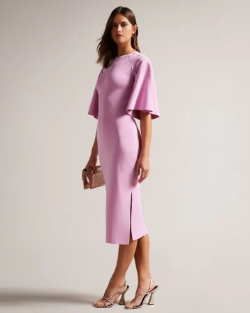 Ted Baker Lounia Fluted Sleeve Knitted Bodycon Midi Dress Pink