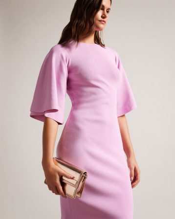 Ted Baker Lounia Fluted Sleeve Knitted Bodycon Midi Dress Pink