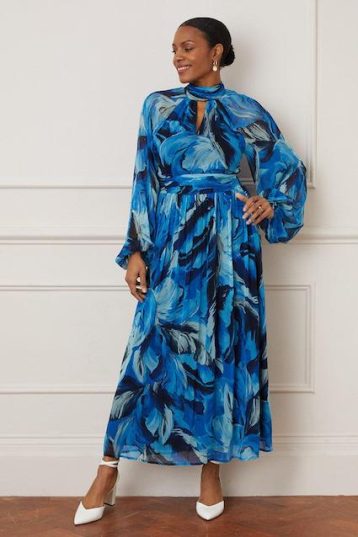 Wallis Feather Print Tie Back Midi Dress Blue Multi