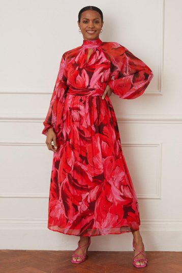 Wallis Feather Print Tie Back Midi Dress Red Pink