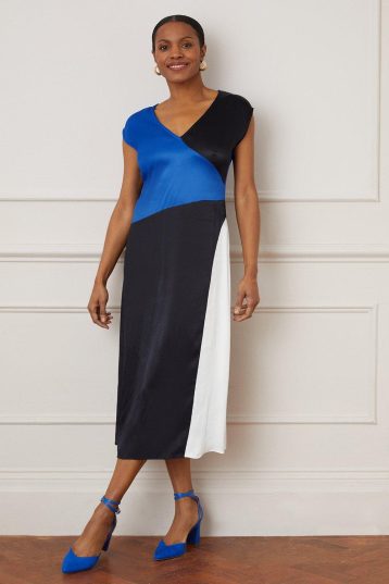 Wallis Premium Satin Colourblock Midi Dress Cobalt Blue