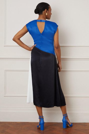 Wallis Premium Satin Colourblock Midi Dress Cobalt Blue