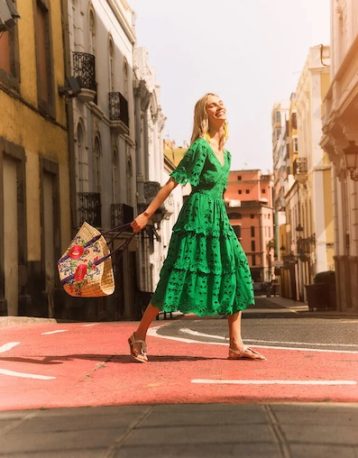 Monsoon V-neck tiered broderie dress green