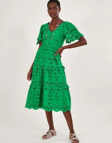 Monsoon V-neck tiered broderie dress green