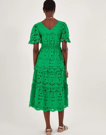 Monsoon V-neck tiered broderie dress green