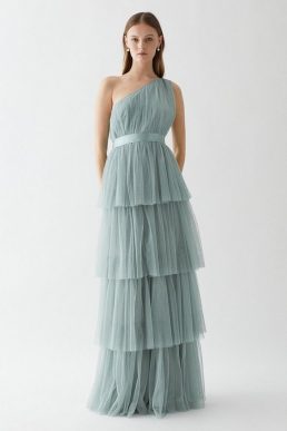 Coast One Shoulder Tiered Mesh Bridesmaids Dress Sage Green