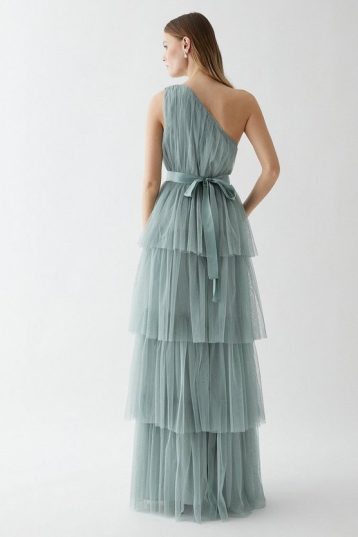 Coast One Shoulder Tiered Mesh Bridesmaids Dress Sage Green