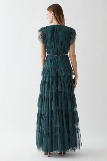 Coast Tiered Tulle Diamante Trim Bridesmaids Dress Forrest green