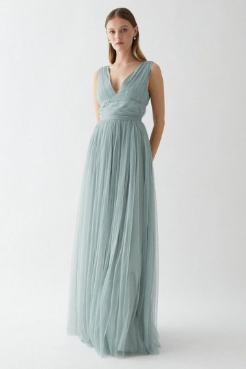 Coast V Neck Pleated Waistband Mesh Bridesmaids Dress Sage