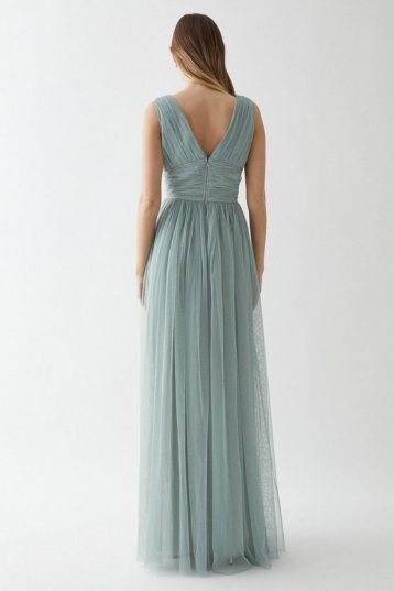 Coast V Neck Pleated Waistband Mesh Bridesmaids Dress Sage