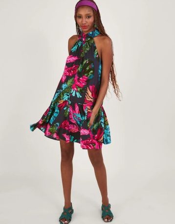 Monsoon Bria palm print halter dress in sustainable viscose blue pink