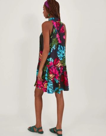 Monsoon Bria palm print halter dress in sustainable viscose blue pink